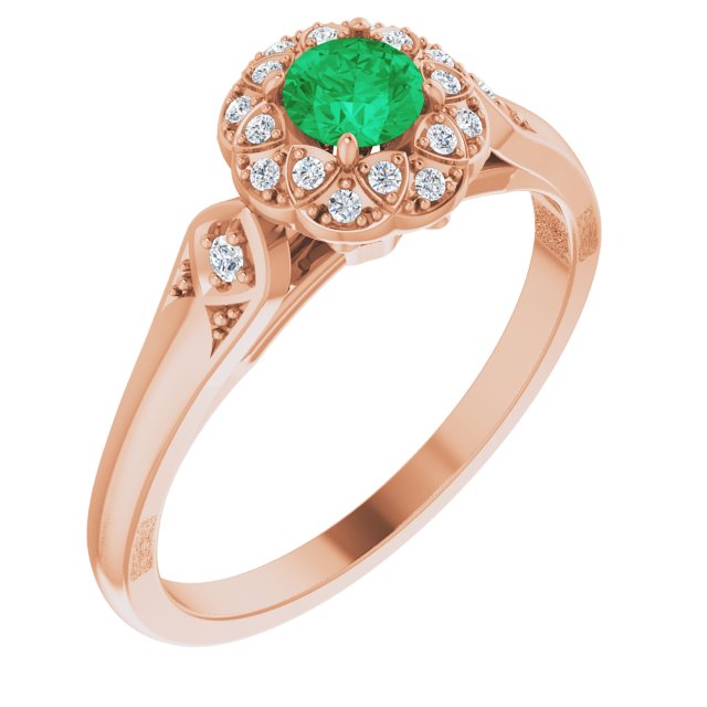 14K Rose Natural Emerald & 1/10 CTW Natural Diamond Ring 